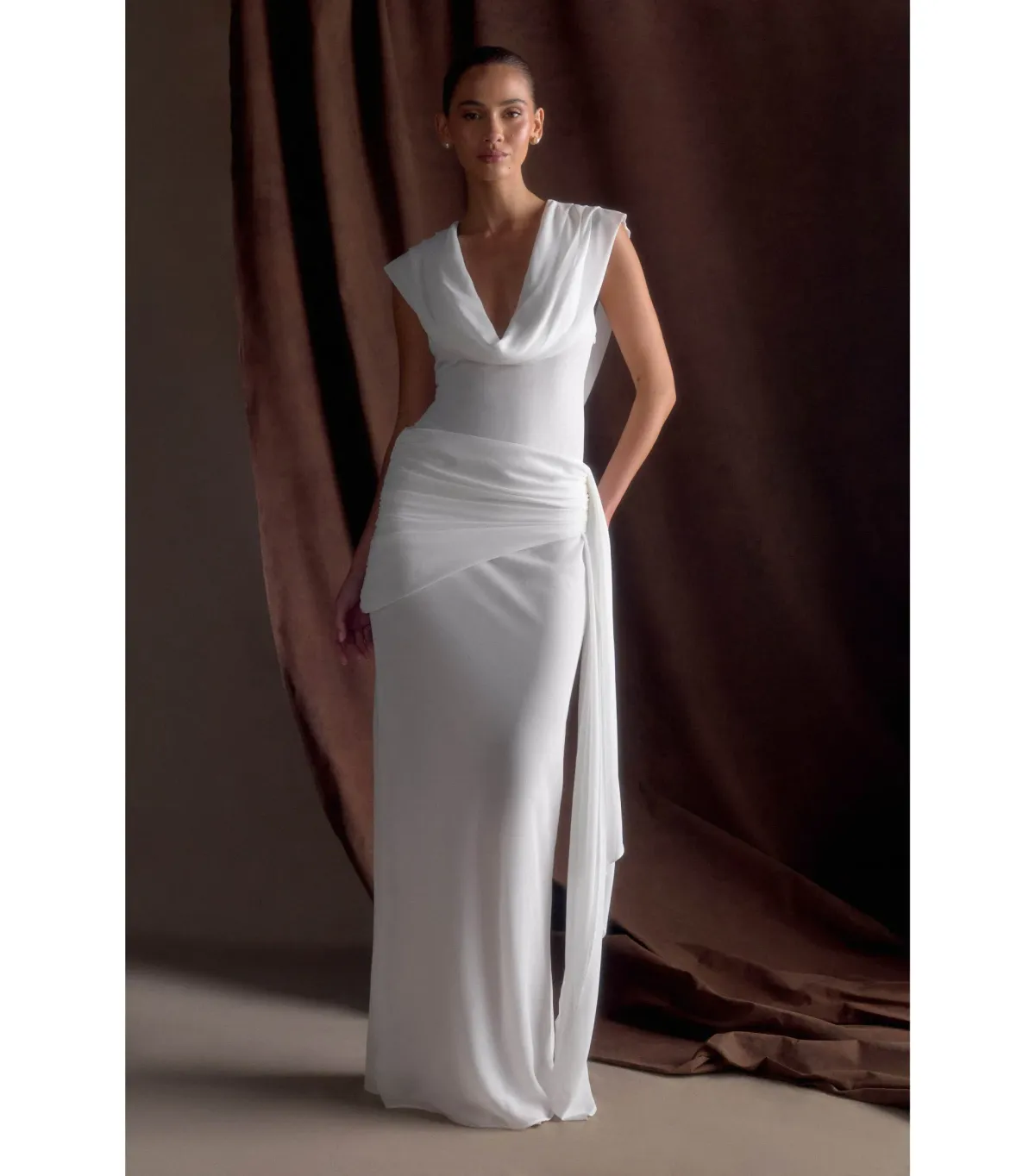 Meshki Giulia Chiffon Draped Maxi Dress White Size AU 10 for rent on The Volte - main image
