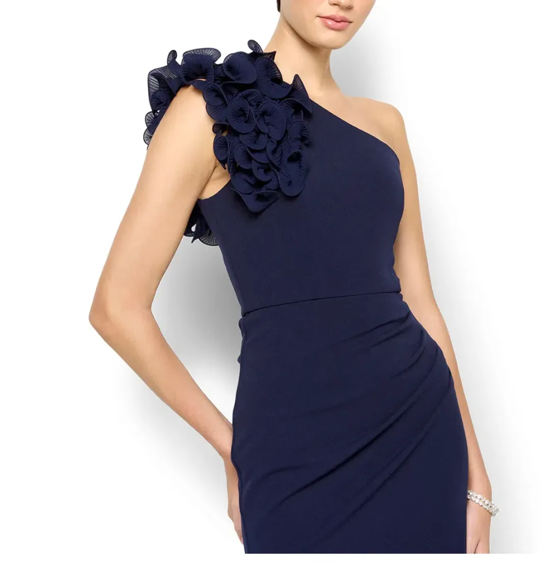 Montique Elle Navy One Shoulder Gown Blue  Size 10  for rent on The Volte - main image