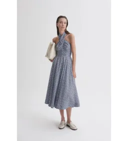 Scanlan Theodore Linen Printed Halter Midi Dress Blue White Size AU 6 for rent on The Volte - image 3