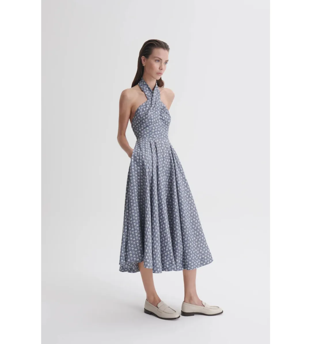 Scanlan Theodore Linen Printed Halter Midi Dress Blue White Size AU 6 for rent on The Volte - main image