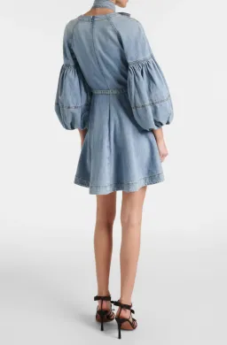 Zimmermann Tie-neck puff-sleeve denim minidress size 1 for rent on The Volte - image 2