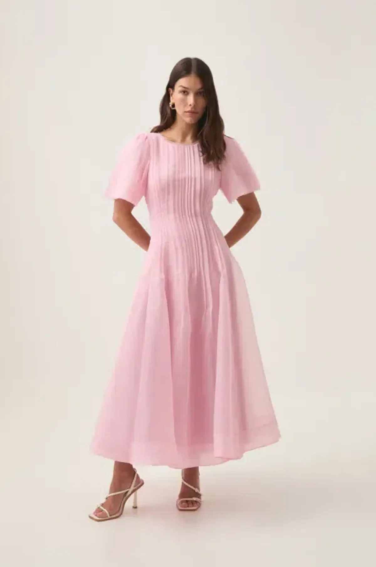 Aje Nova Pleated Midi Dress Chalk Pink Size AU 12 for rent on The Volte - main image