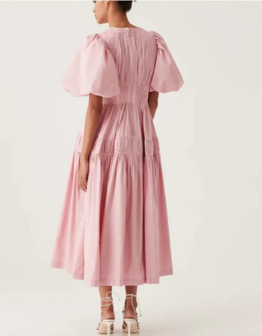 Aje Fallingwater Ruched Midi Dress Pastel Pink Size AU 10 for rent on The Volte - main image