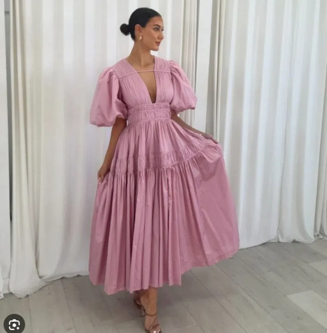 Aje Fallingwater Ruched Midi Dress Pastel Pink Size AU 10 for rent on The Volte - main image
