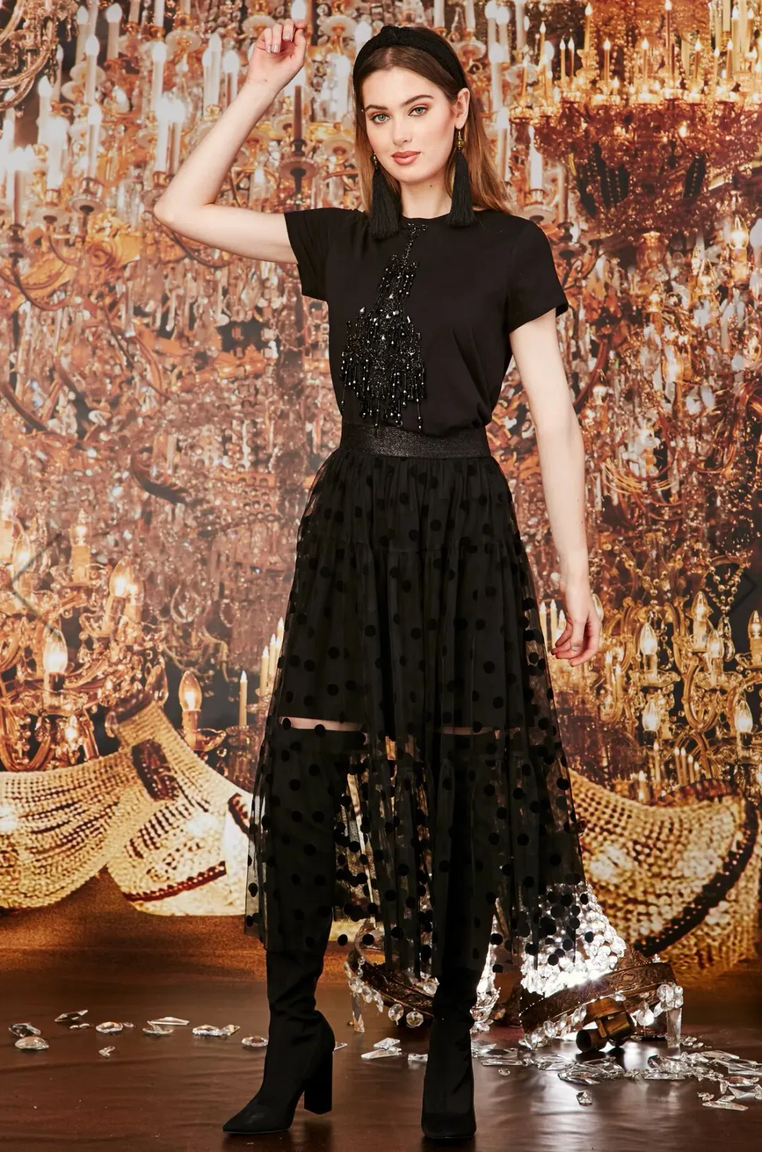 Trelise Cooper Tiers In The Stars Skirt Black Tulle Polka Dots Size L for rent on The Volte - main image
