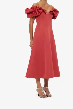 Leo Lin Annie Off Shoulder Frill Midi Dress Red Size 16 for rent on The Volte - image 3