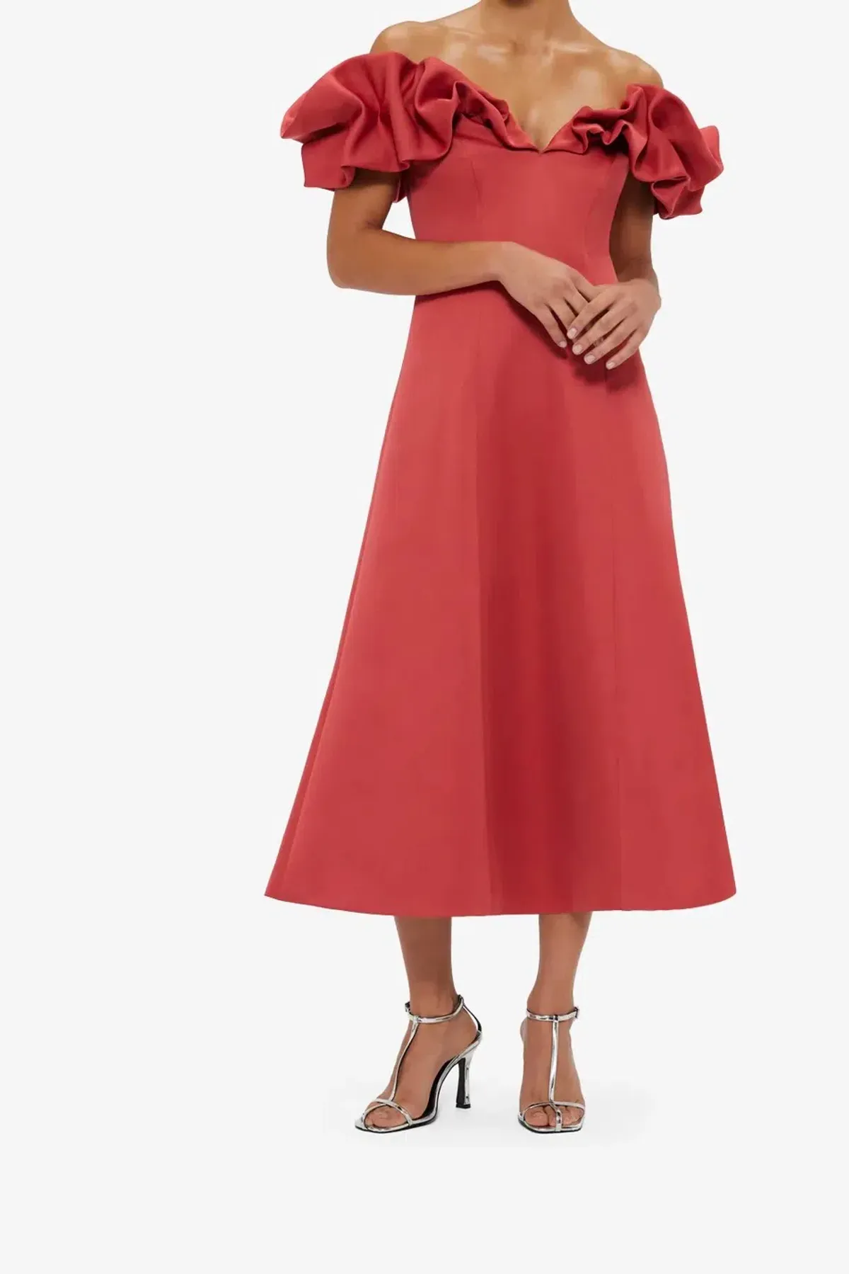 Leo Lin Annie Off Shoulder Frill Midi Dress Red Size 16 for rent on The Volte - main image