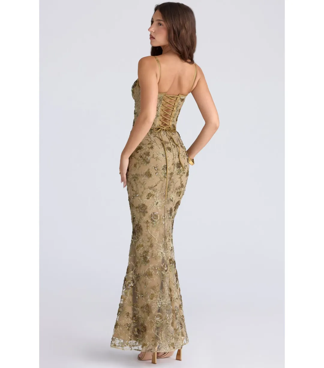 House Of CB Naima Hand Beaded Embellished Corset Maxi Dress Olive Bronze Size AU 8 for rent on The Volte - main image