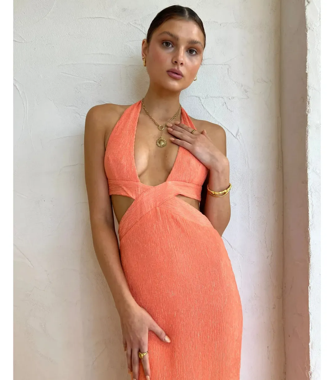 Rumer the Label Willow Plunge Maxi Dress in Peach Size M / AU 10 for rent on The Volte - main image