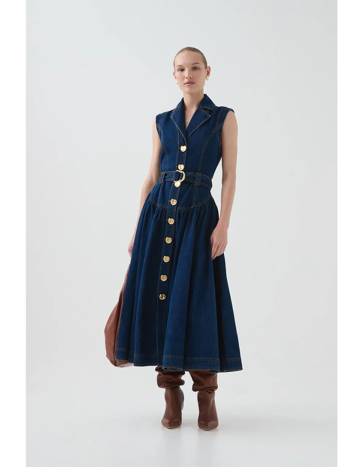 Aje Elena Belted Denim Midi Dress Dark Classic Wash Size AU 6 for rent on The Volte - main image