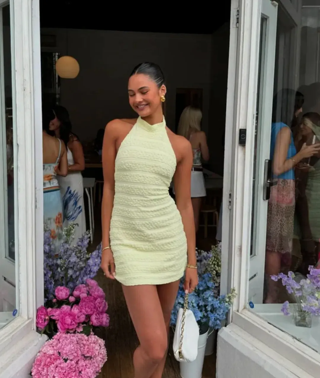 With Harper Lu Textured Halter Mini Dress Lemon Yellow Size XS/Au 6  for rent on The Volte - main image