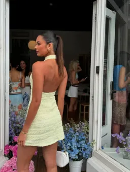 With Harper Lu Textured Halter Mini Dress Lemon Yellow Size XS/Au 6  for rent on The Volte - image 2