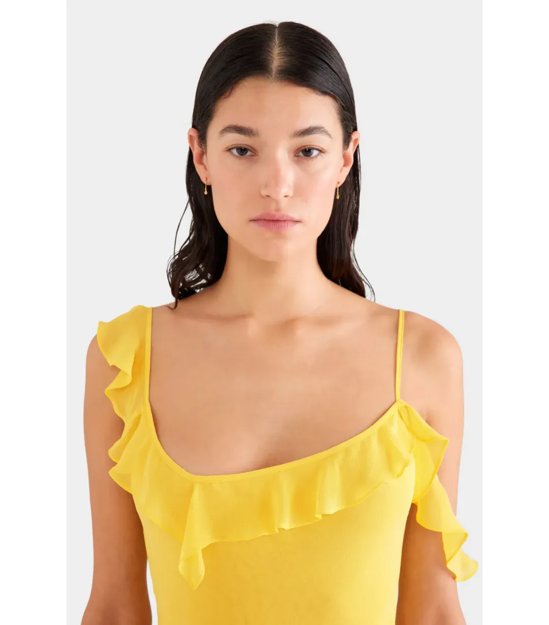 Venroy Asymmetric Low Back Silk Ruffle Dress Yellow Gold Size AU 8 for rent on The Volte - main image