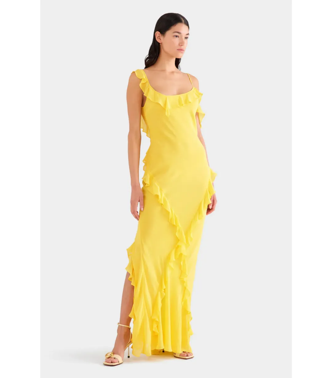 Venroy Asymmetric Low Back Silk Ruffle Dress Yellow Gold Size AU 8 for rent on The Volte - main image