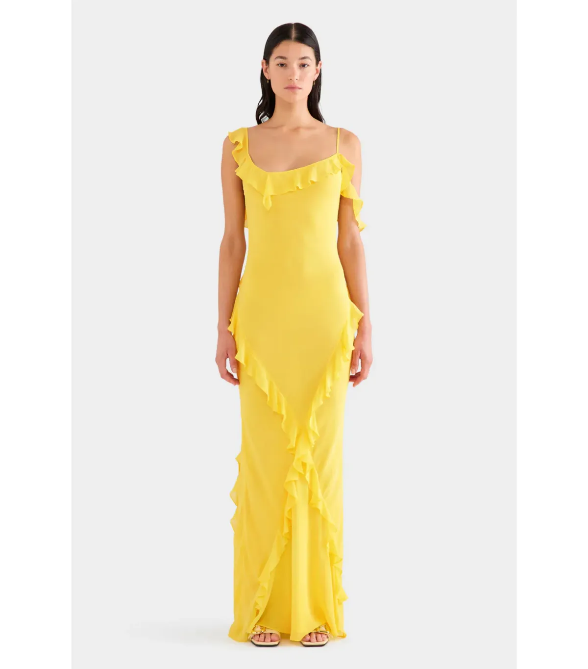 Venroy Asymmetric Low Back Silk Ruffle Dress Yellow Gold Size AU 8 for rent on The Volte - main image