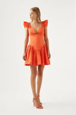 Aje Simone Frill Sleeve Mini Dress Orange Size 8 for rent on The Volte - image 1