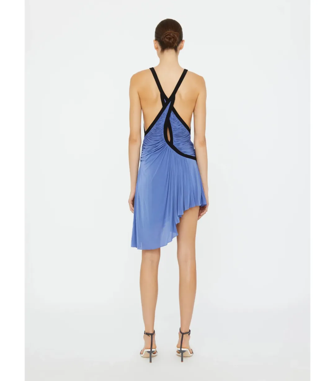 Christopher Esber Suspended Jersey Fluted Mini Dress in Blue Iris Black Size AU 8 for rent on The Volte - main image