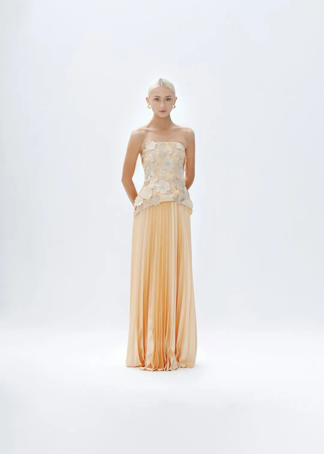 Justin Tong Cascade Pleated Maxi Gown Gold Size AU 14 for rent on The Volte - main image