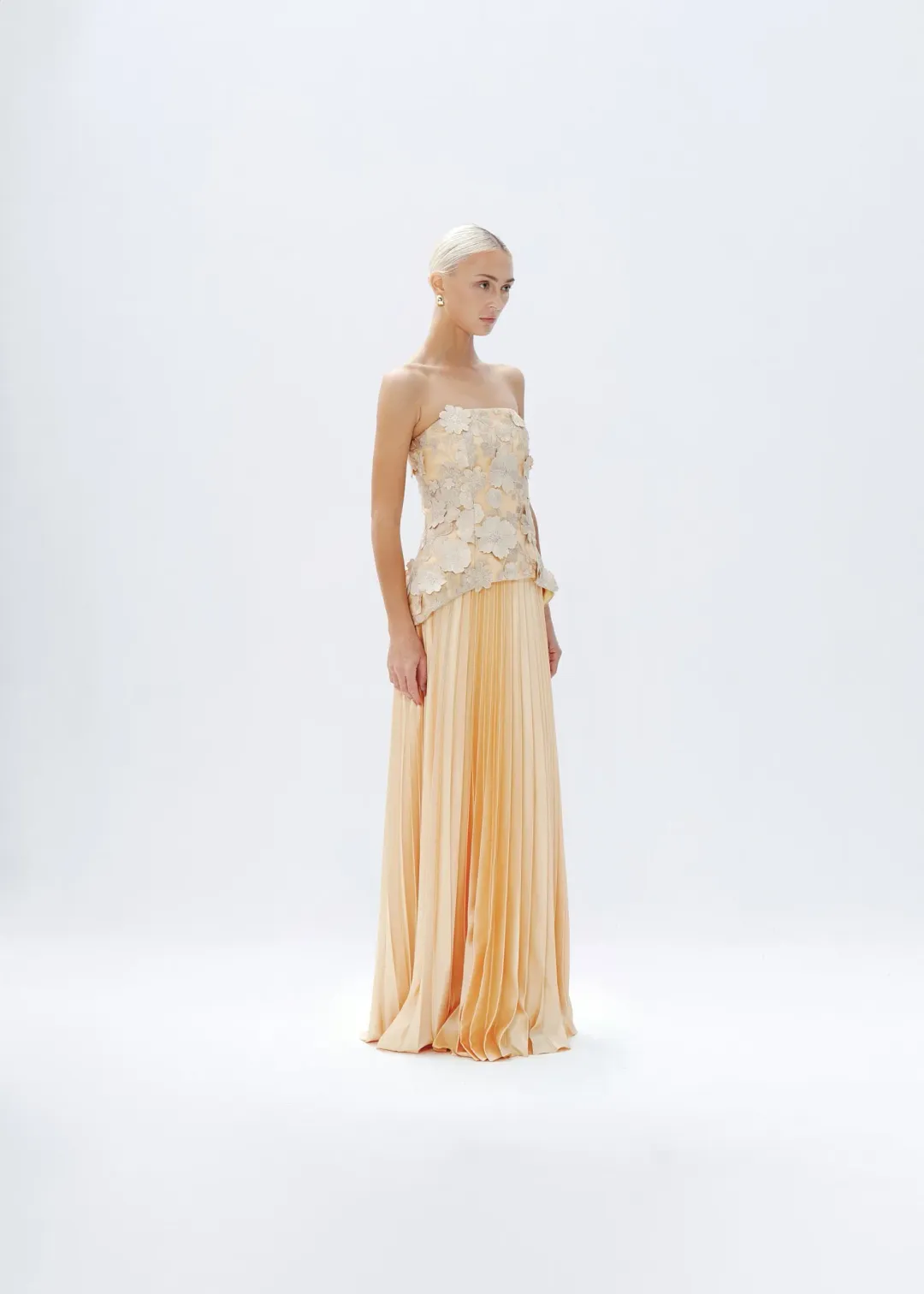 Justin Tong Cascade Pleated Maxi Gown Gold Size AU 14 for rent on The Volte - main image