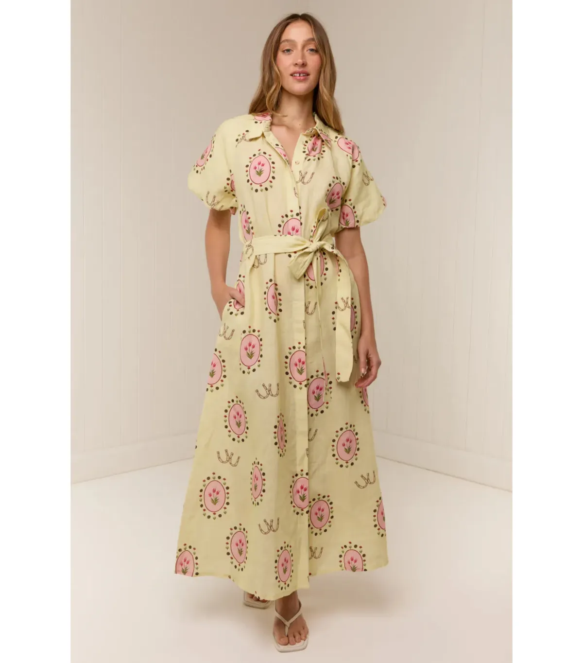 Palm Noosa Marla Maxi Dress in Savanna Tile Yellow Size AU 8 for rent on The Volte - main image