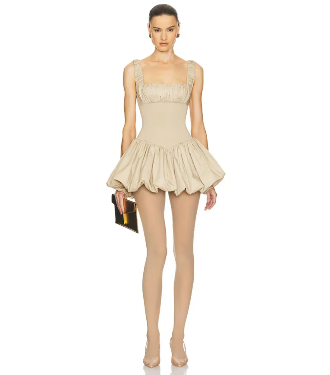Helsa Rib Mix Puffy Mini Dress Khaki Size S / AU 8 for rent on The Volte - main image