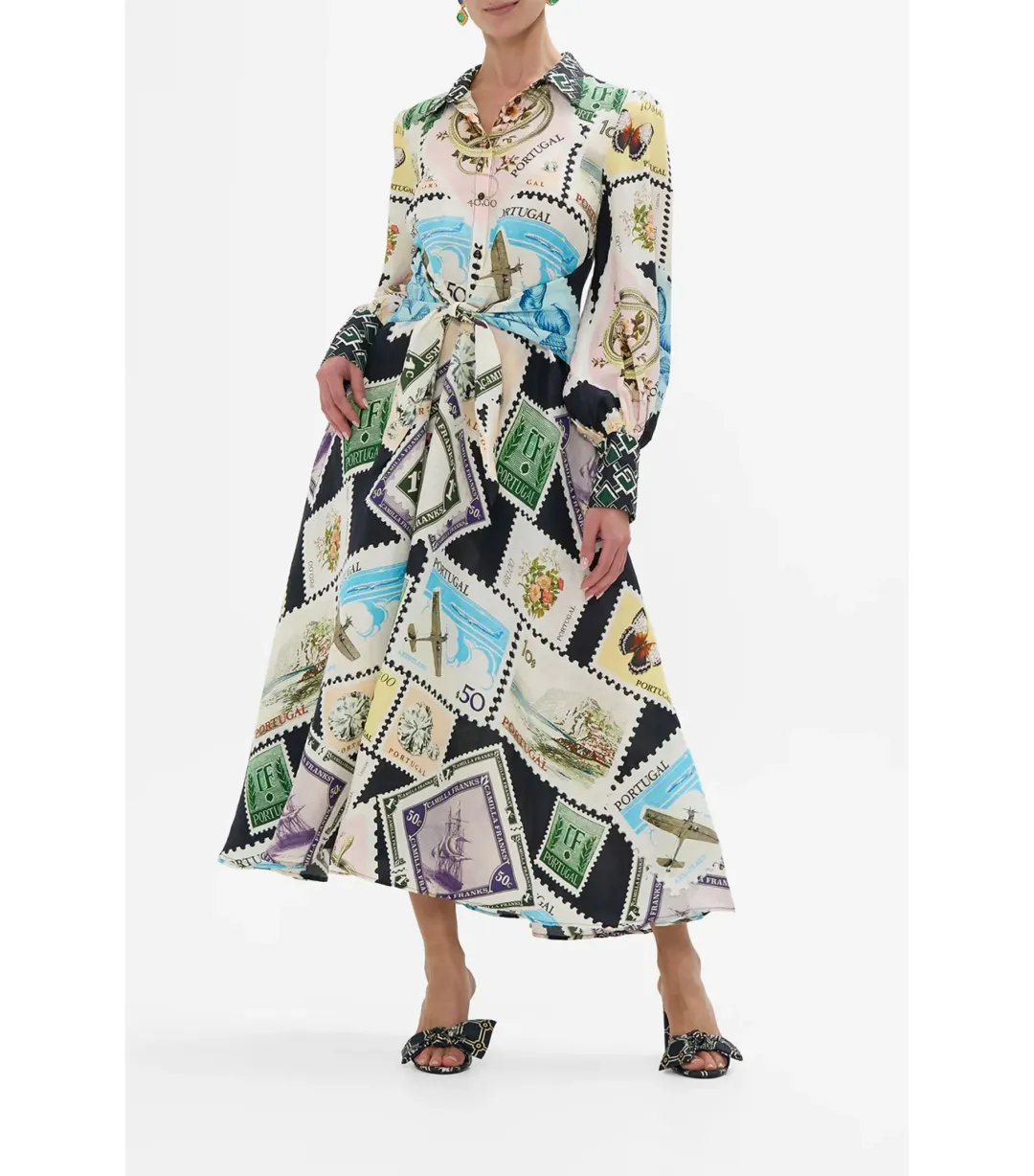 Camilla My Porto Pen Pal Waist Tie Midi Shirt Dress Multi Size AU 10 for rent on The Volte - main image