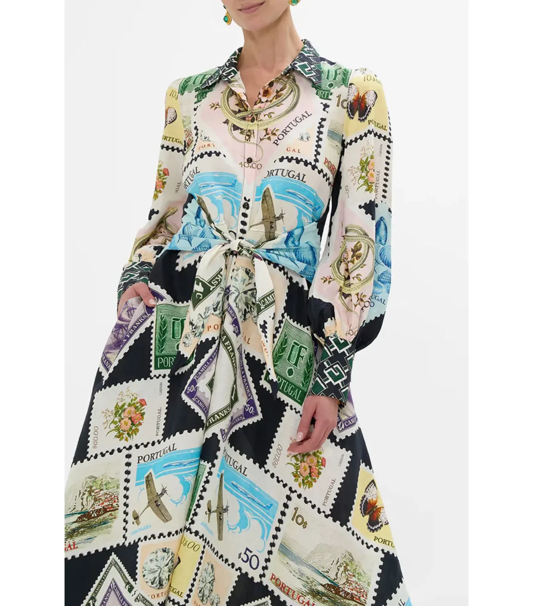 Camilla My Porto Pen Pal Waist Tie Midi Shirt Dress Multi Size AU 10 for rent on The Volte - main image