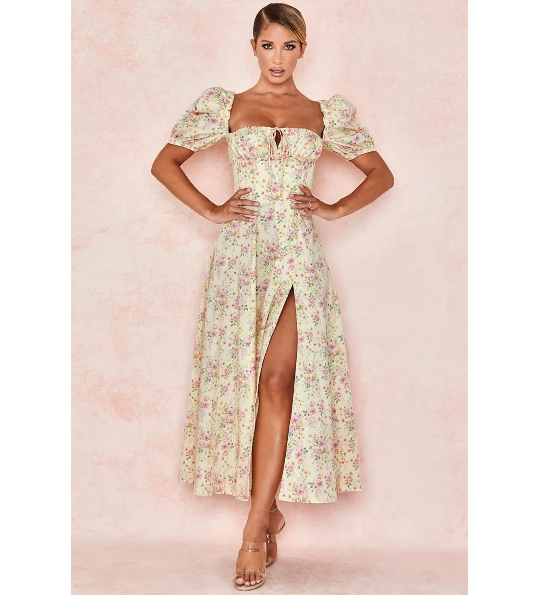 House of CB Tallulah Lemon Floral Puff Sleeve Midi Sundress Size 8 for rent on The Volte - main image