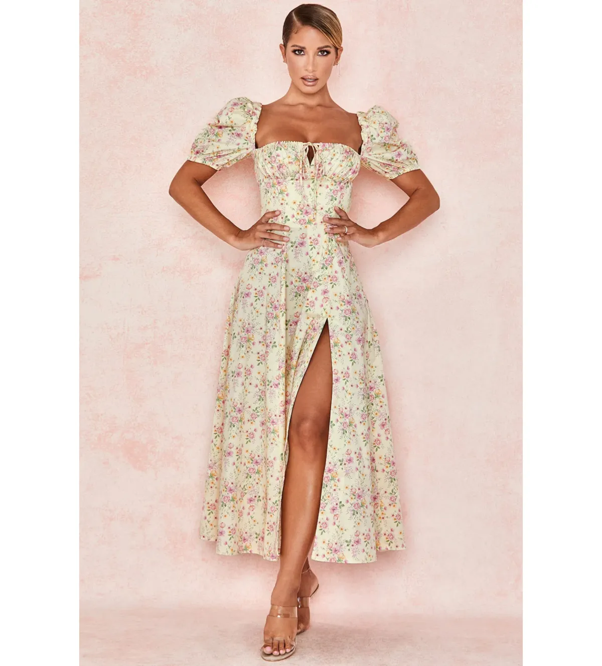 House of CB Tallulah Lemon Floral Puff Sleeve Midi Sundress Size 8 for rent on The Volte - main image
