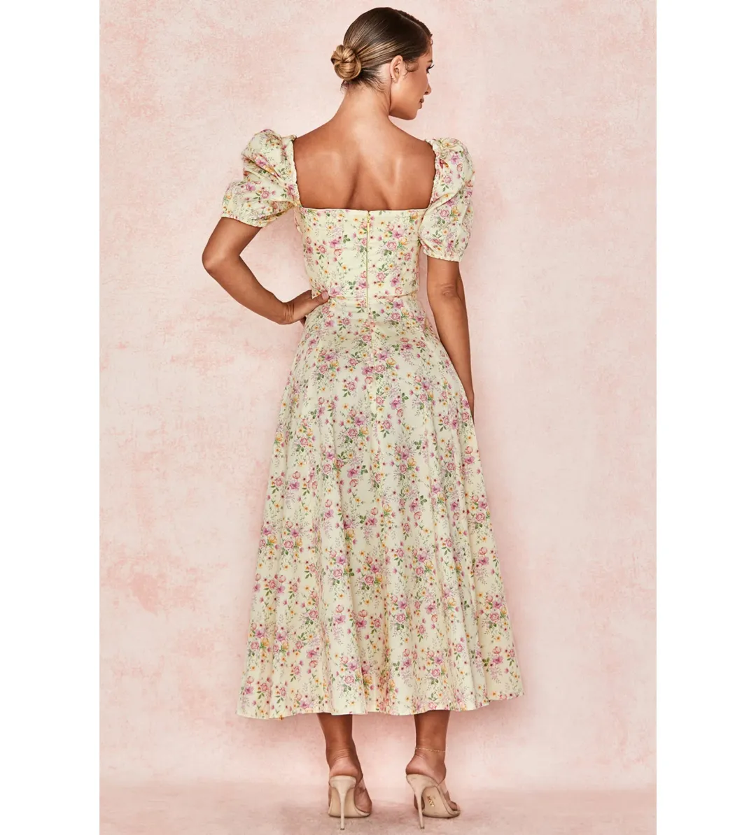 House of CB Tallulah Lemon Floral Puff Sleeve Midi Sundress Size 8 for rent on The Volte - main image
