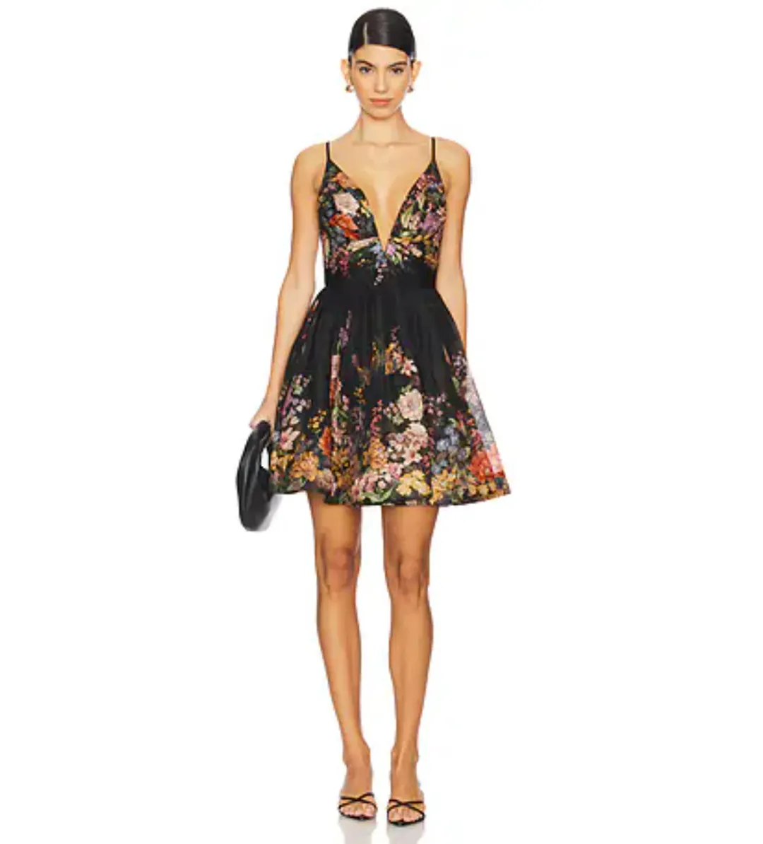 Zimmermann Pavilion V Neck Mini Dress in Black Multi Floral Size 1/AU 10 for rent on The Volte - main image