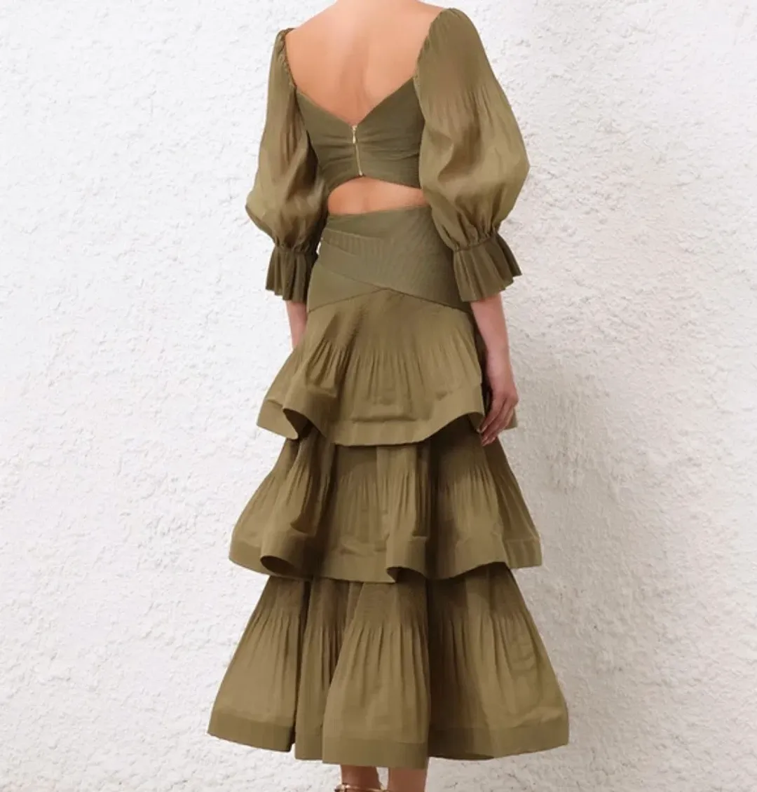 Zimmermann Pleated Bodice and Tiered Skirt Set in Olive Size 2 for rent on The Volte - main image