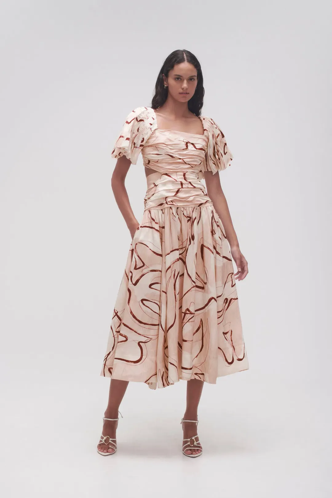 Aje Marianne Ruched Cutout Midi Dress in Whimsical Dove Print Size 4 for rent on The Volte - main image