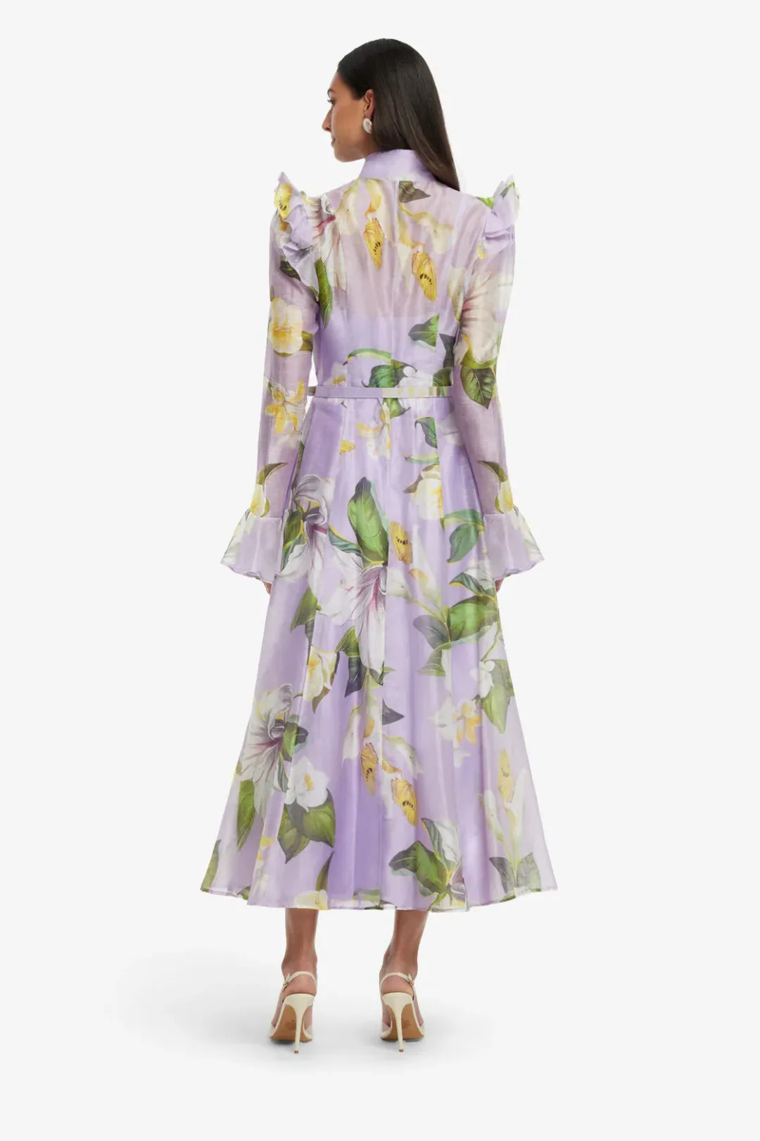 Leo Lin  Katrina Butterfly Sleeve Midi Dress Lily Blossom Print in Lilac Size 16 for rent on The Volte - main image