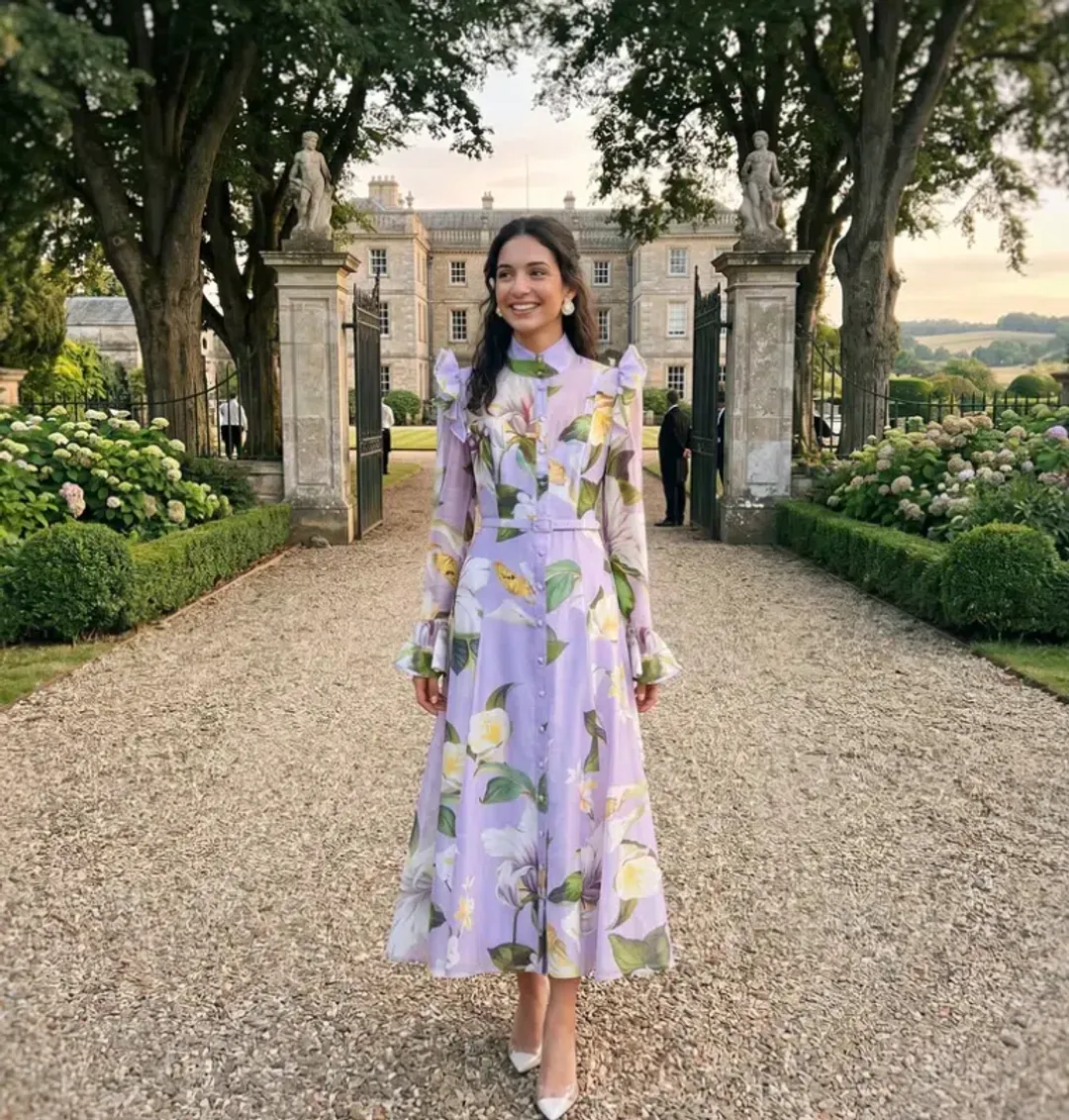 Leo Lin  Katrina Butterfly Sleeve Midi Dress Lily Blossom Print in Lilac Size 16 for rent on The Volte - main image