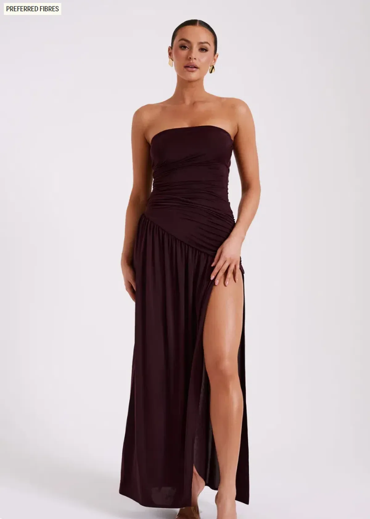 Meshki Bex Strapless Slinky Maxi Dress With Split in Burgundy Size AU10 for rent on The Volte - main image