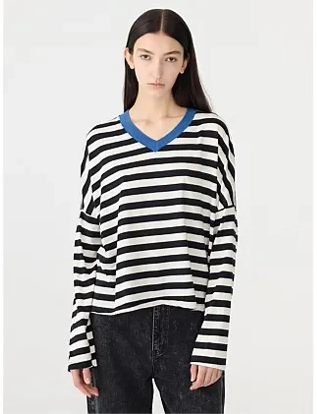 Bassike Stripe Boxy V Neck Long Sleeve T-Shirt in Black Size 10 for rent on The Volte - main image