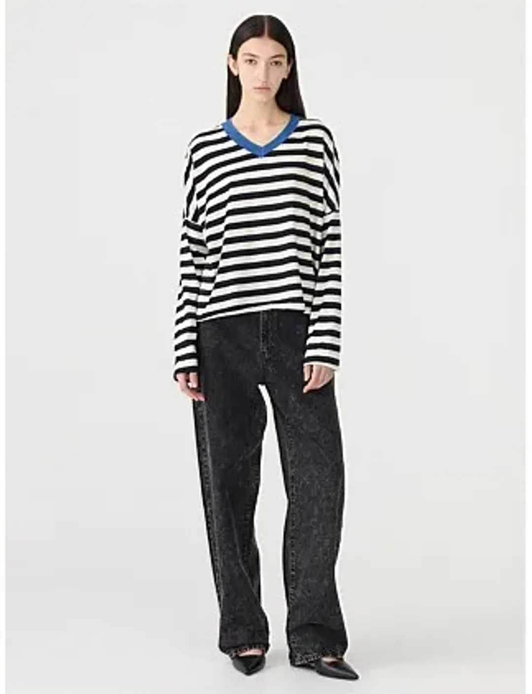 Bassike Stripe Boxy V Neck Long Sleeve T-Shirt in Black Size 10 for rent on The Volte - main image