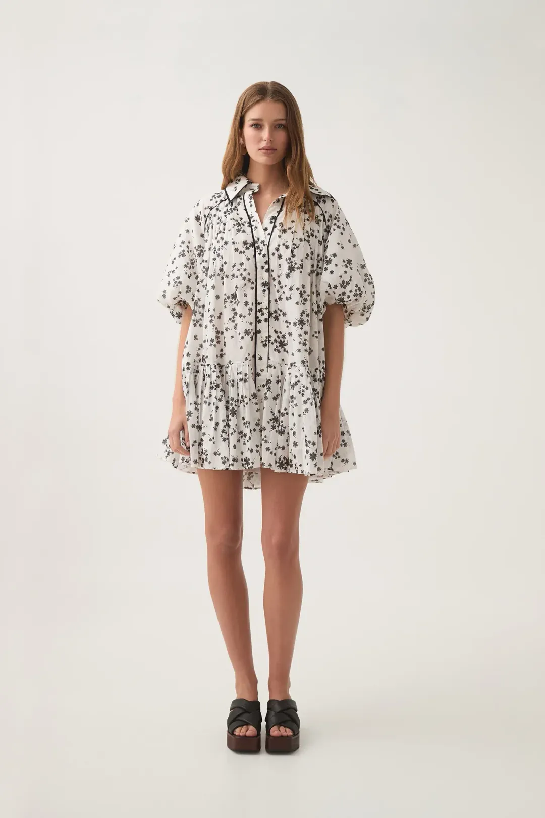 Aje Anthea Mini Smock Dress Daylight Daisies Black & White Size 10 for rent on The Volte - main image