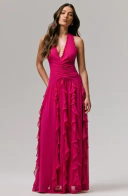 Bea Plunge Neck Ruffled Maxi Dress Hot Pink Size AU 6 for rent on The Volte - image 1