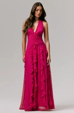 Bea Plunge Neck Ruffled Maxi Dress Hot Pink Size AU 6 for rent on The Volte - image 6