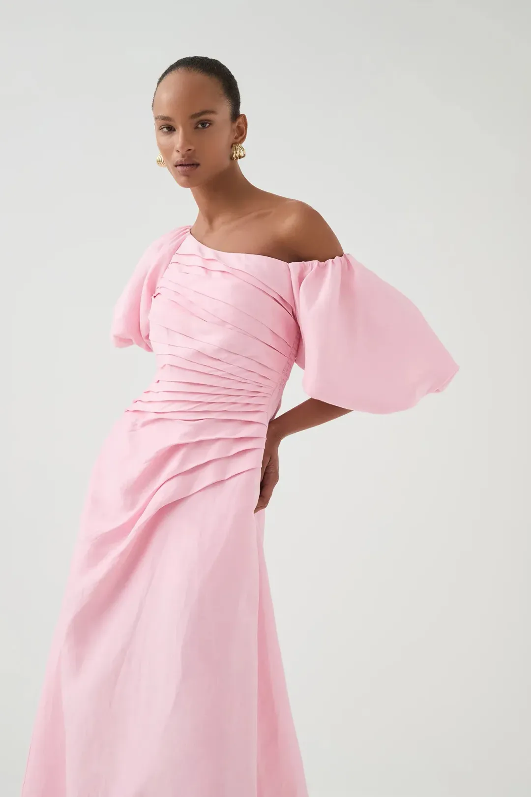 Aje Cadence Ruched Midi Dress / Pink / Size 16 for rent on The Volte - main image