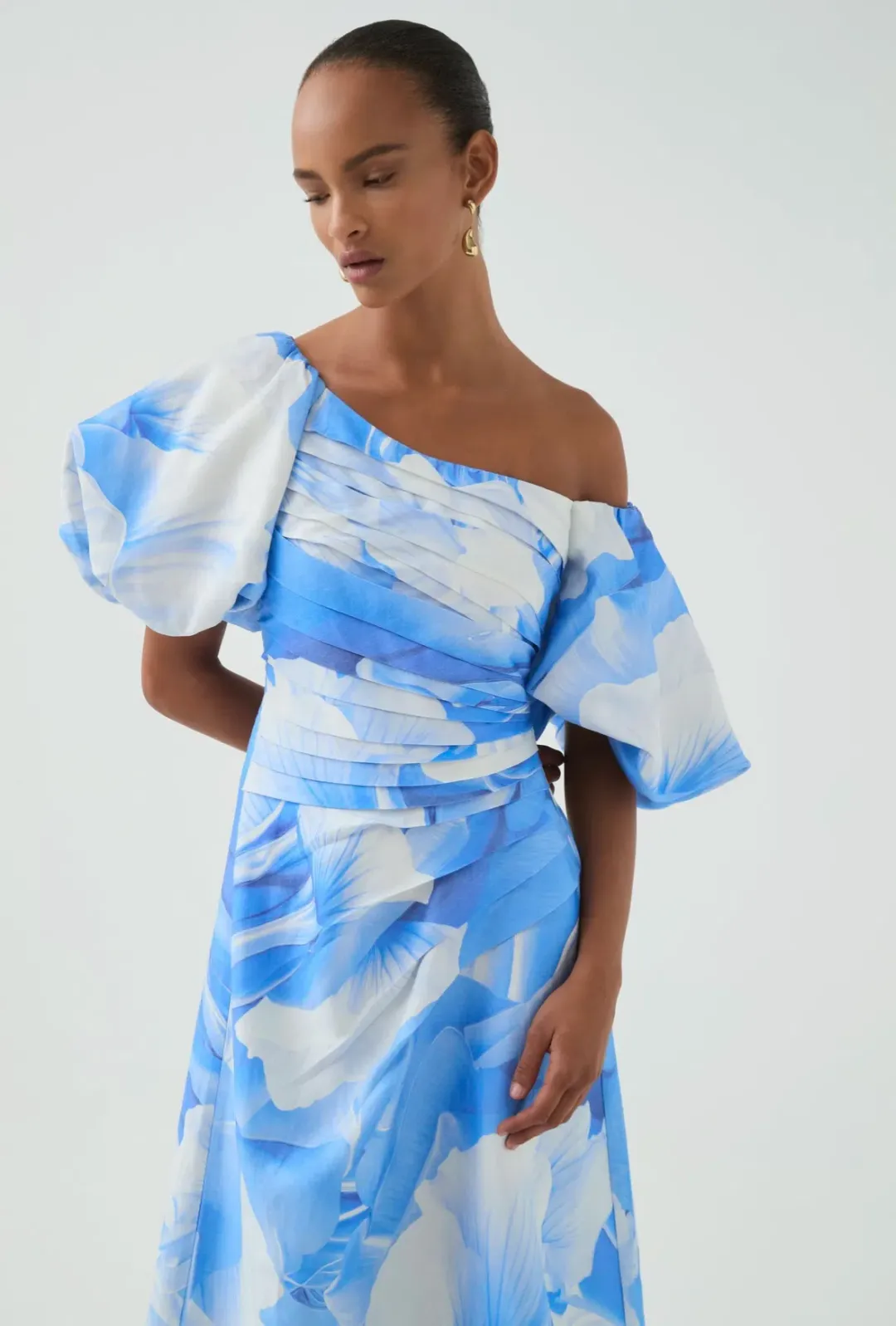 AJE CADENCE RUCHED MIDI DRESS in FLORAL BLUE SIZE 12 for rent on The Volte - main image
