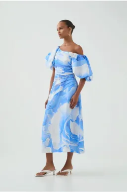 AJE CADENCE RUCHED MIDI DRESS in FLORAL BLUE SIZE 12 for rent on The Volte - image 2
