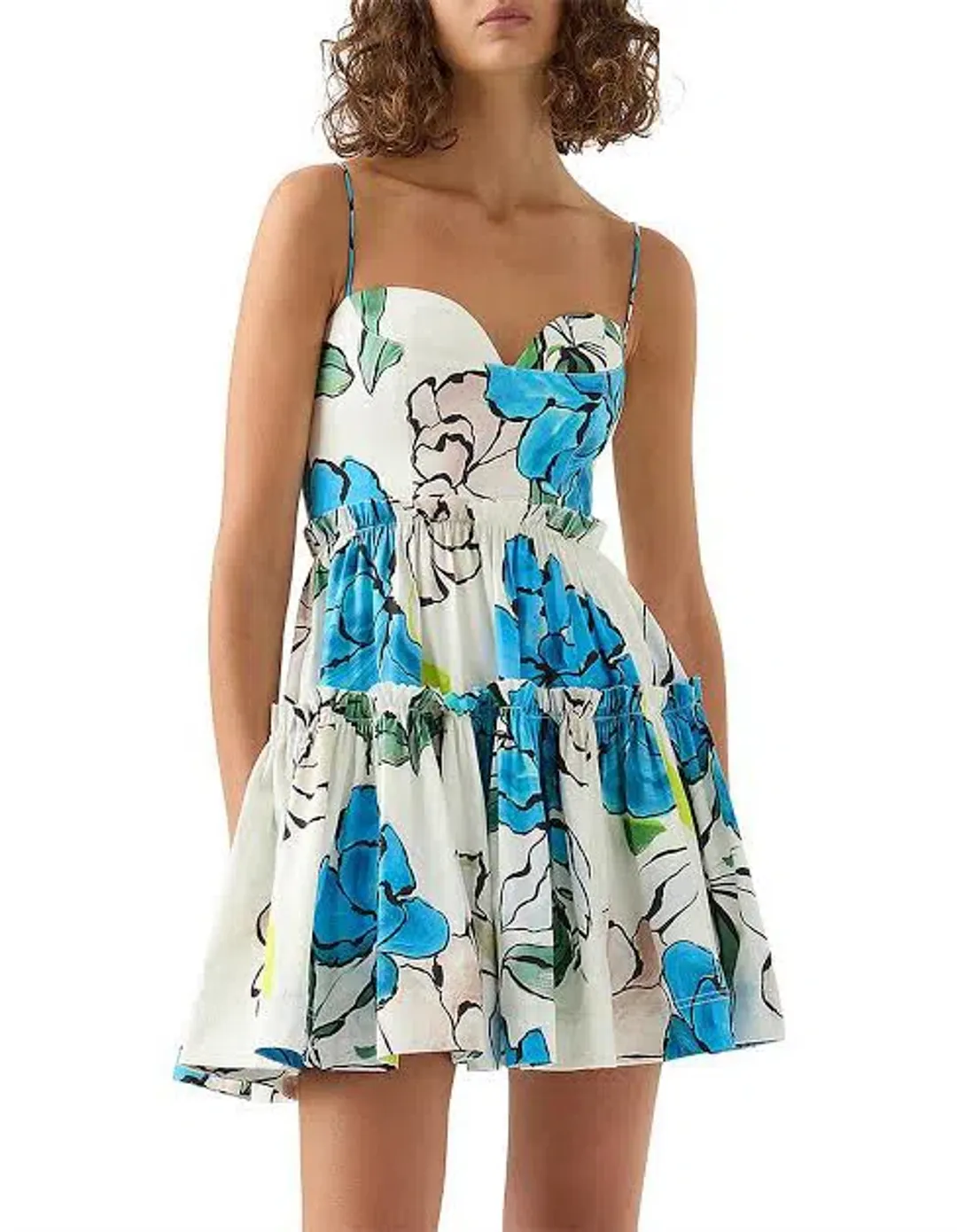 AJE Maya Tiered Mini Dress Cool Camellia Floral Races Size 10 M Medium for rent on The Volte - main image