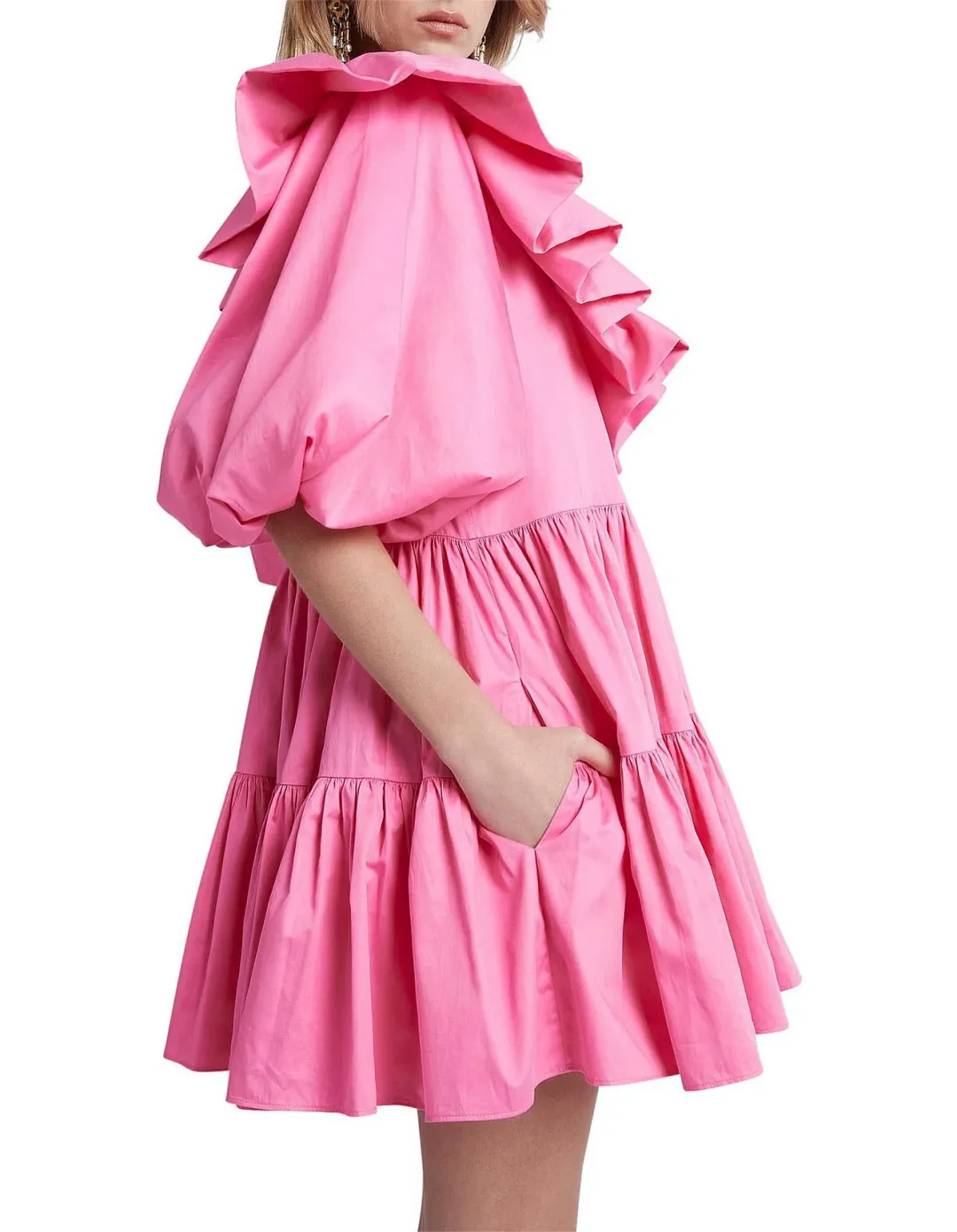 AJE SOLSTICE pink RUFFLE puff sleeve TIERED SMOCK DRESS SIZE 14  for rent on The Volte - main image