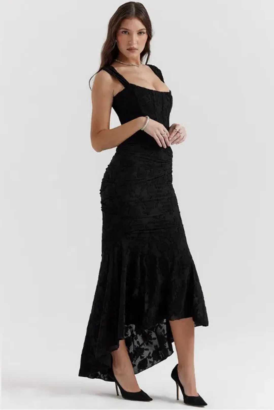 House of CB Cesca Corset Ruched Maxi Dress in Black Floral Size M / AU 10 for rent on The Volte - main image
