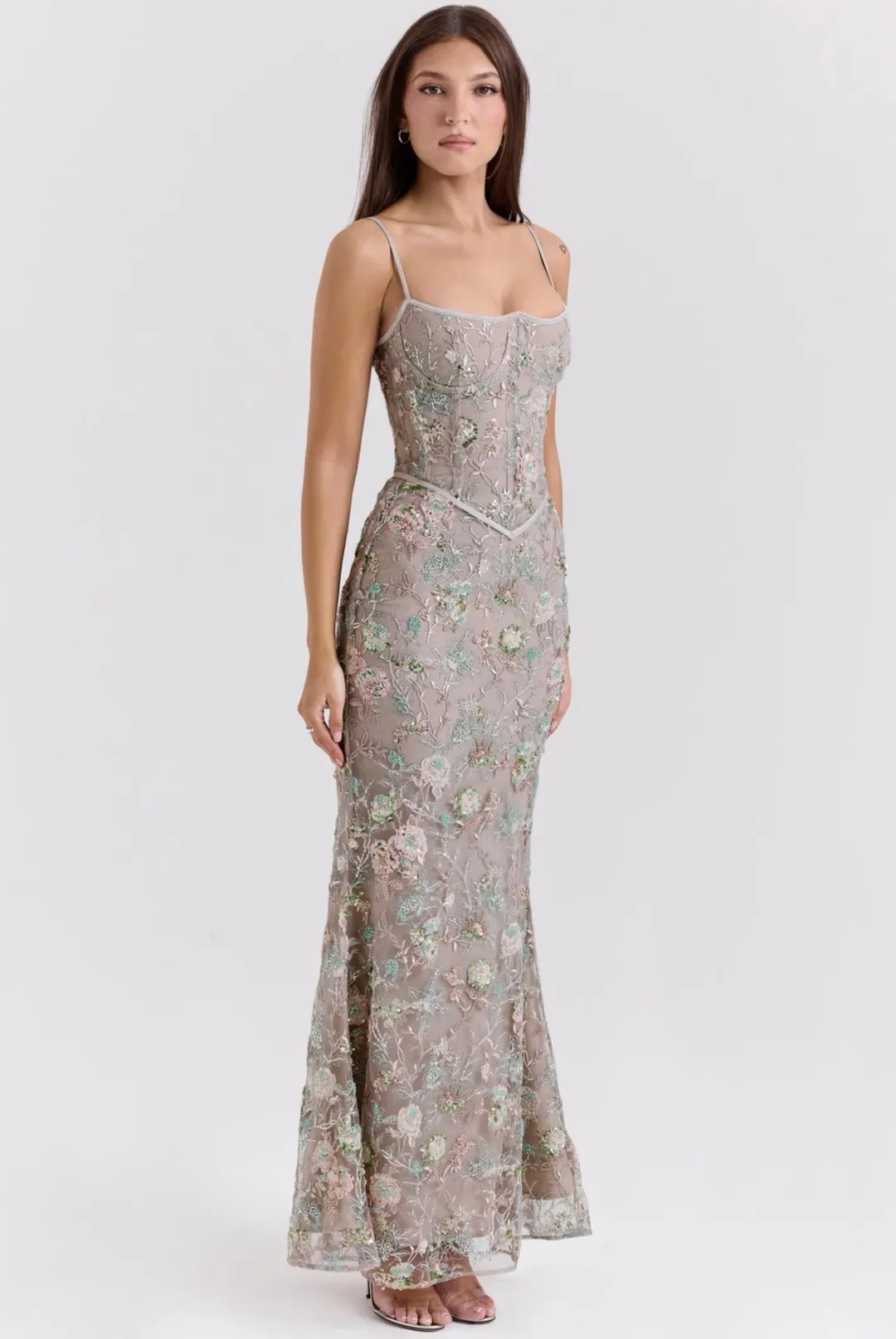 House of CB Naima Embellished Beaded Corset Maxi Dress Silver size 6 for rent on The Volte - main image