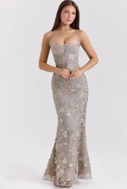 House of CB Naima Embellished Beaded Corset Maxi Dress Silver size 6 for rent on The Volte - image 2