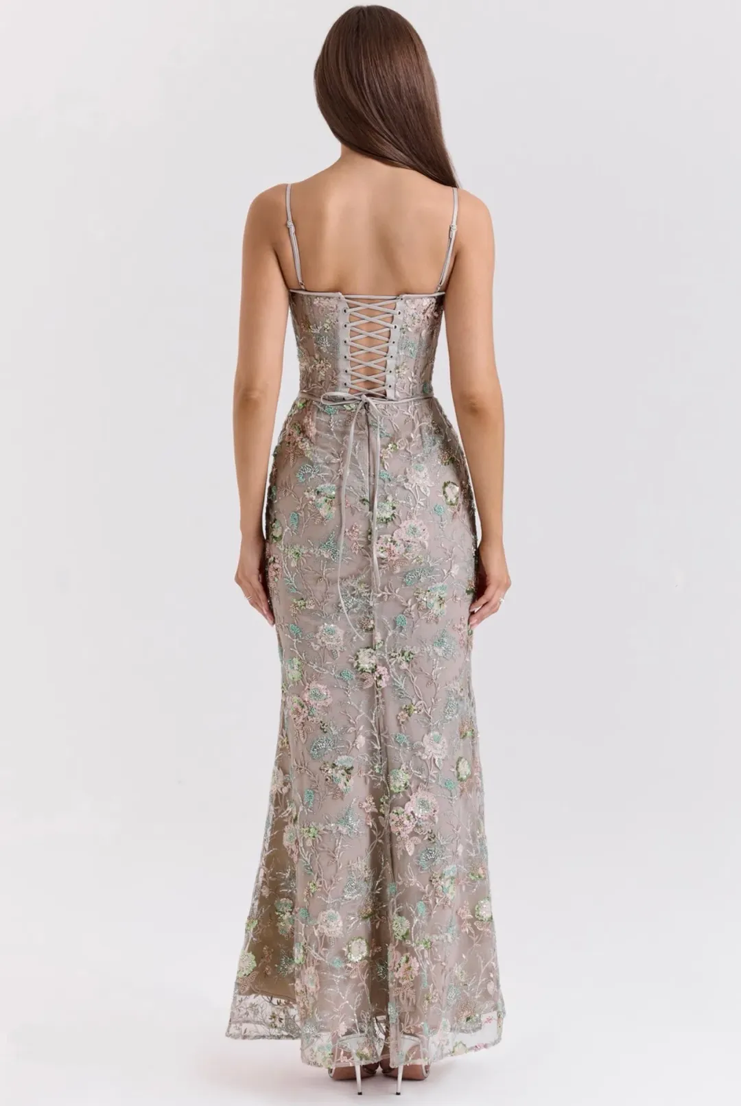 House of CB Naima Embellished Beaded Corset Maxi Dress Silver size 8 for rent on The Volte - main image